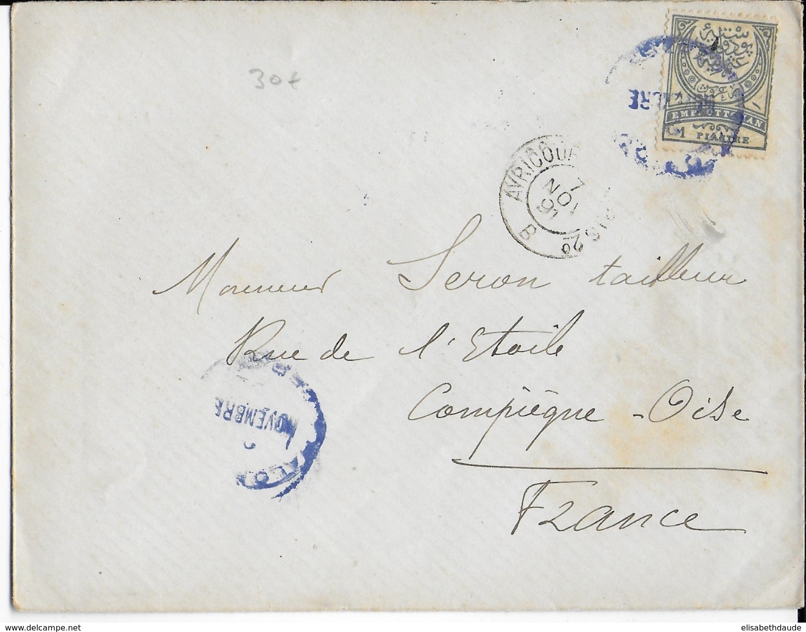 1891 - TURQUIE - ENVELOPPE Avec OBLITERATION BLEUE => COMPIEGNE - Covers & Documents