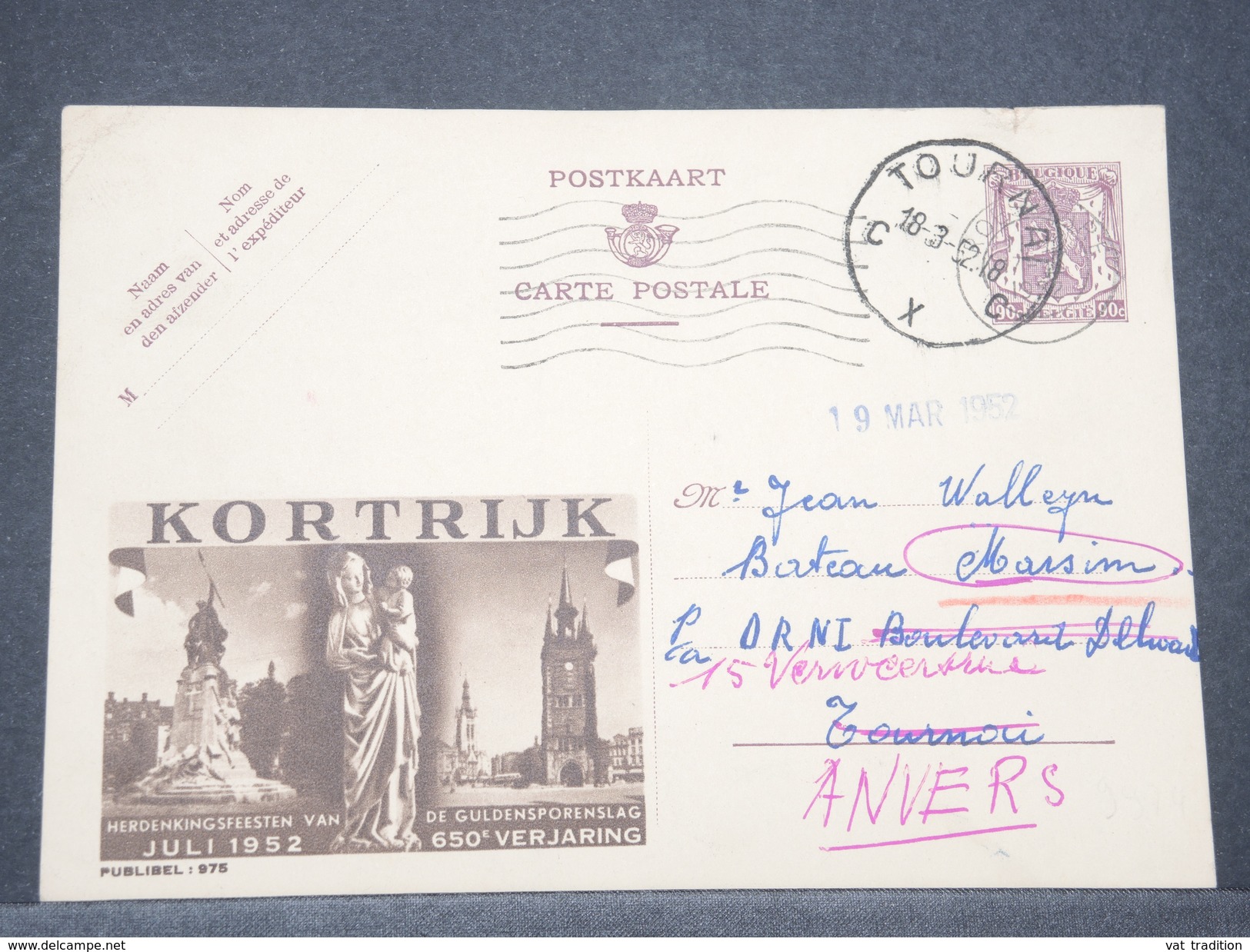 BELGIQUE - Entier Postal Illustré ( Kortrijk ) De Tournai En 1952 - L 8147 - Illustrated Postcards (1971-2014) [BK]