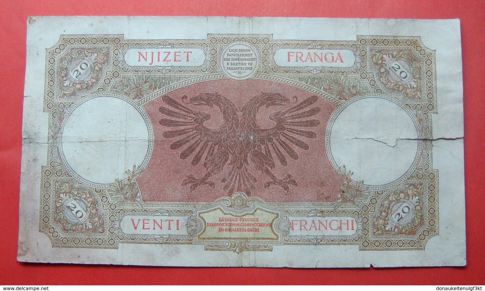 ALBANIA - ITALIA. 20 FRANGA ND 1939, Serial # T20 2363, - Albania