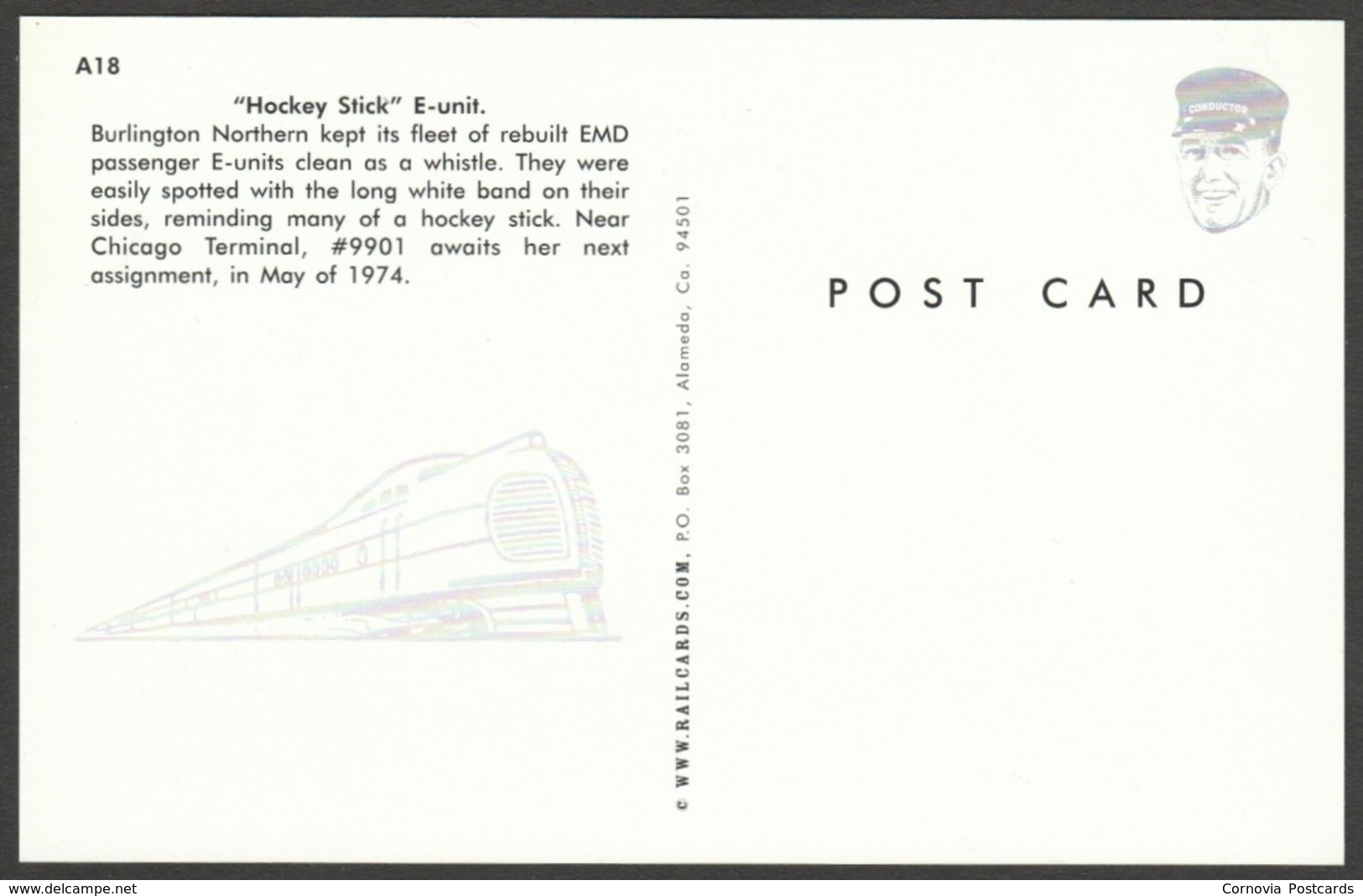 Burlington Northern Hockey Stick E-Unit, Chicago, Illinois IL, USA - Railcards Postcard - Trains