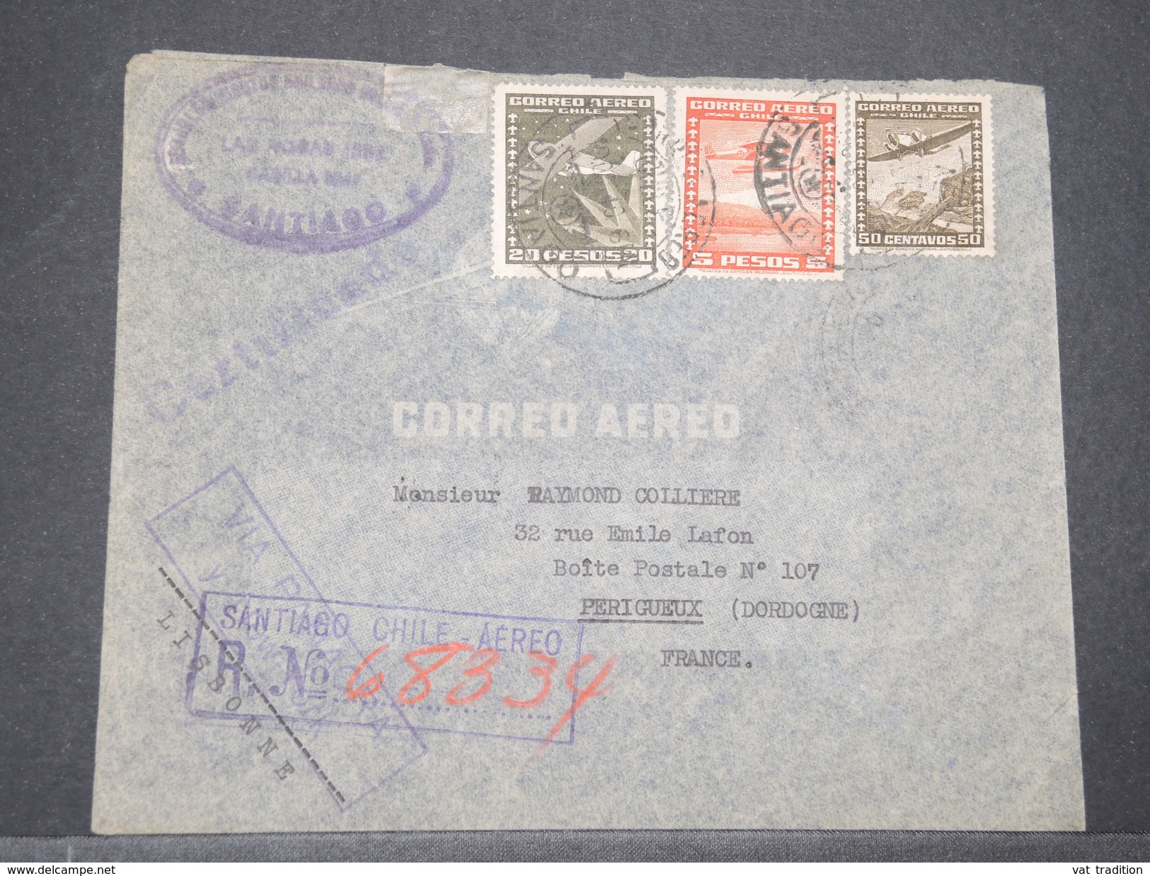 CHILI - Enveloppe En Recommandé De Santiago Pour La France En 1940 Via New York - L 8163 - Chile