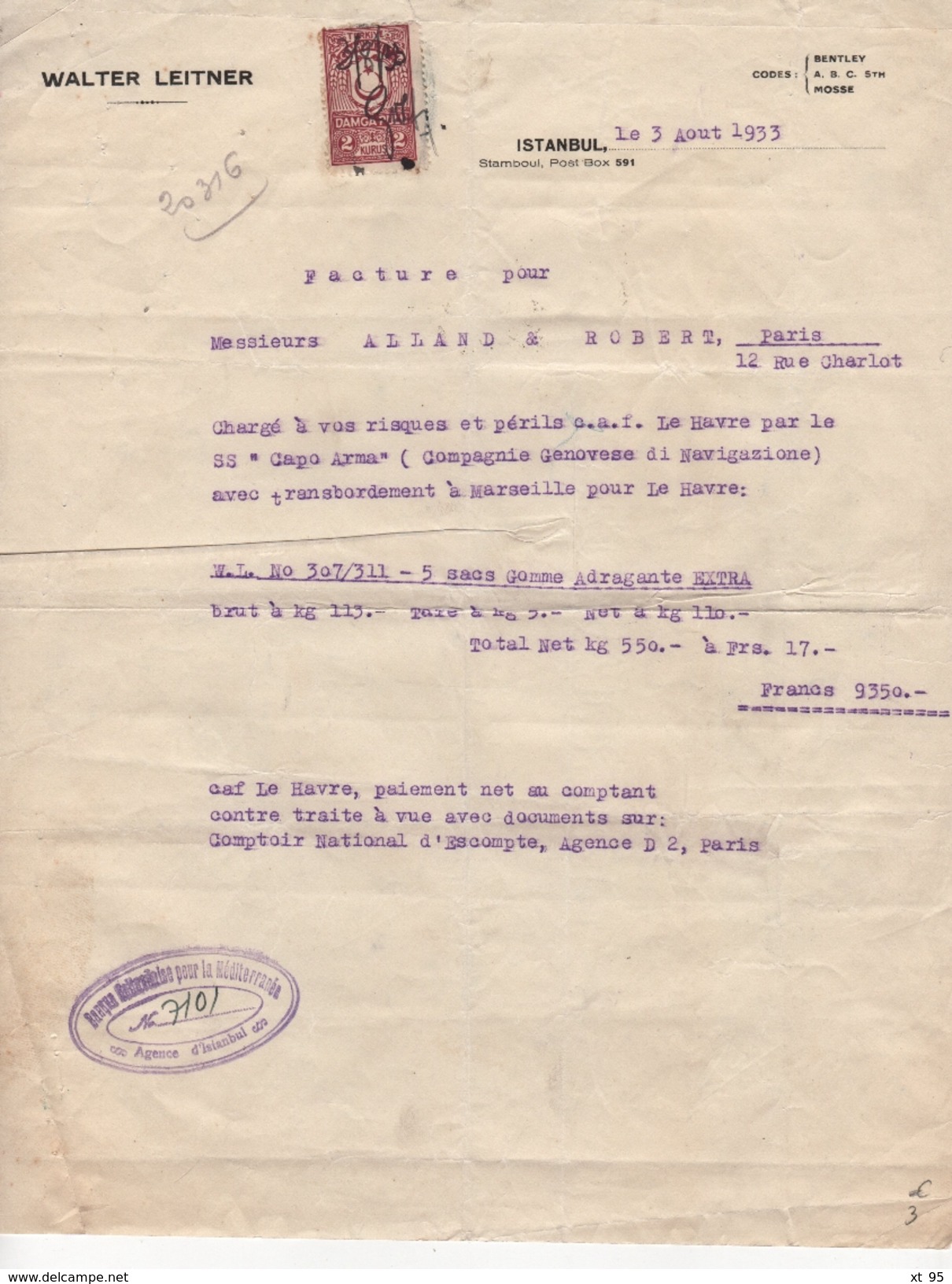 Turquie - Istambul - Timbre Fiscal Sur Facture - 1933 - Brieven En Documenten