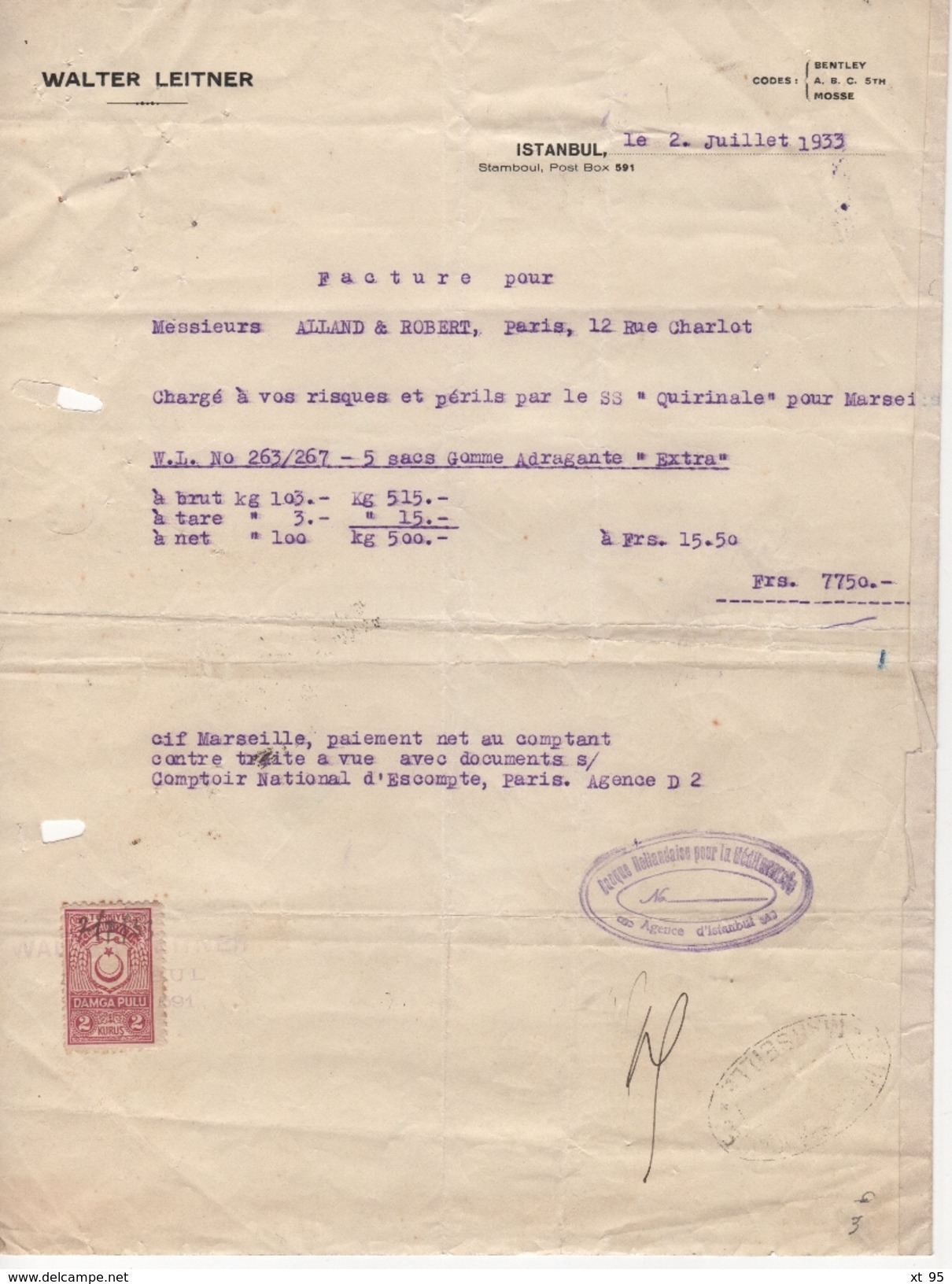 Turquie - Istambul - Timbre Fiscal Sur Facture - 1933 - Lettres & Documents