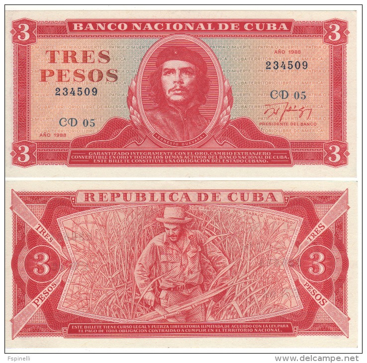 CUBA  3  Pesos   "Che Guevara"    P107b    1988    UNC - Cuba