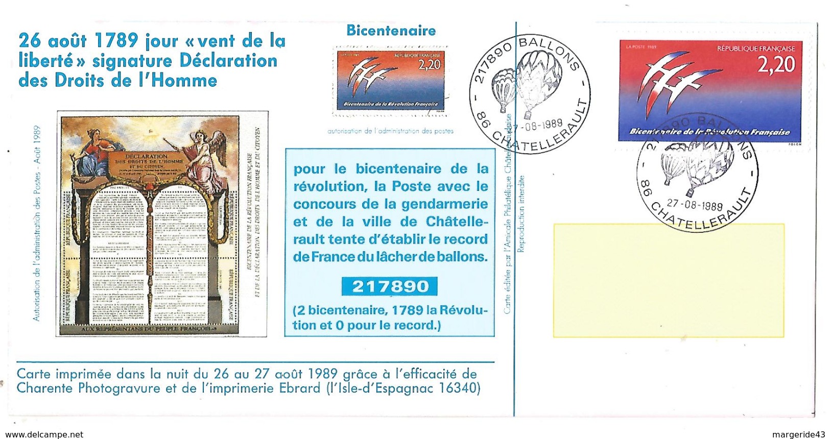 OBLITERATION BICENTENAIRE REVOLUTION 217890 BALLONS à CHATELLERAULT 1989 - Commemorative Postmarks