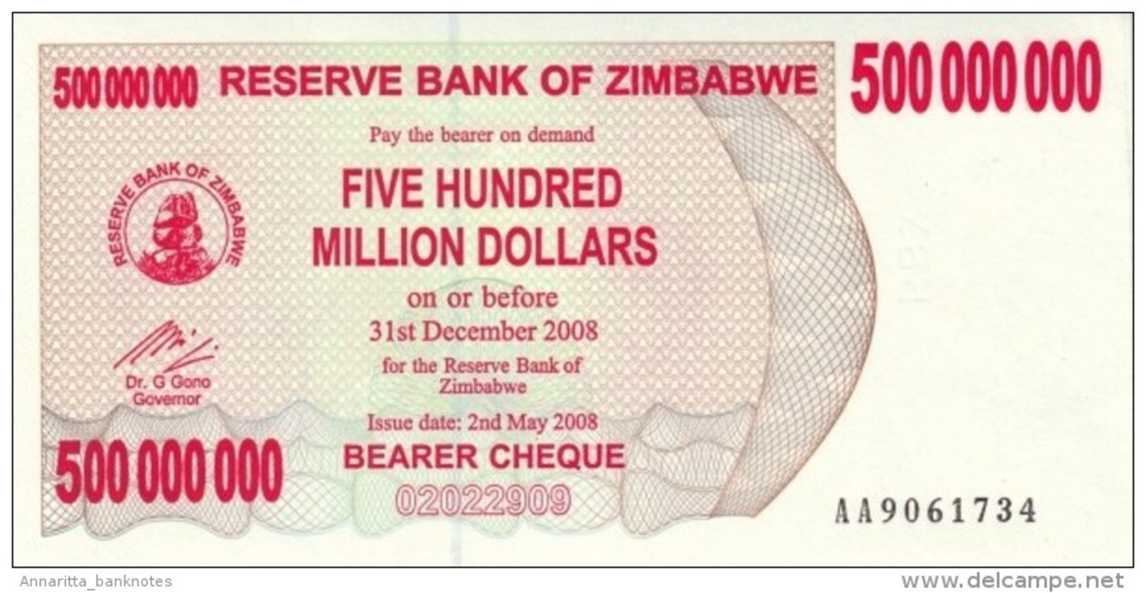 ZIMBABWE 500 MILLION DOLLARS 2008 P-60a UNC  [ZW151a] - Simbabwe