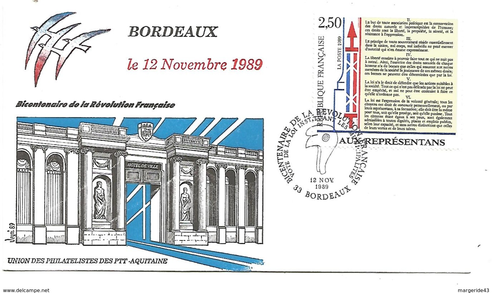 OBLITERATION BICENTENAIRE REVOLUTION - VOTE LOI INSTITUANT LES MUNICIPALITES BORDEAUX 1989 - Revolución Francesa