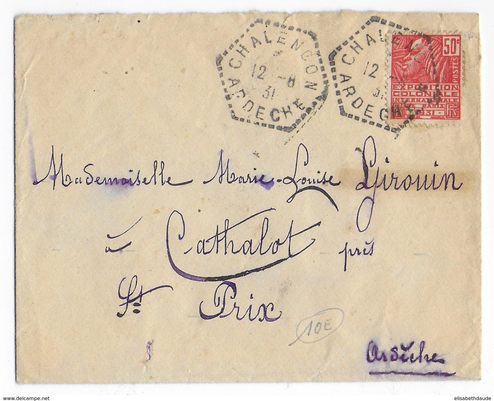 1931 - ARDECHE - ENVELOPPE Avec OBLITERATION HEXAGONALE De CHALENCON => ST PRIX - 1921-1960: Période Moderne