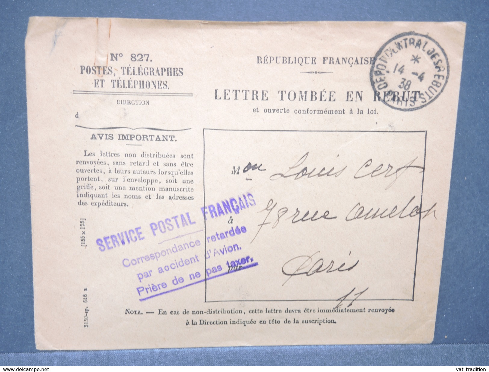 FRANCE - Enveloppe De Rebuts Ayant Servie à Acheminée Une Lettre Accidentée Par Avion En 1938 Pour Paris - L 8199 - Crash Post