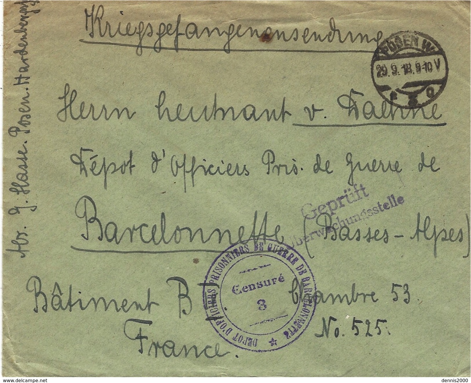 1918- Cover From POSEN W  To Barcelonnette( German Officers Camp )  -  Censures De Contrôle - 1. Weltkrieg 1914-1918