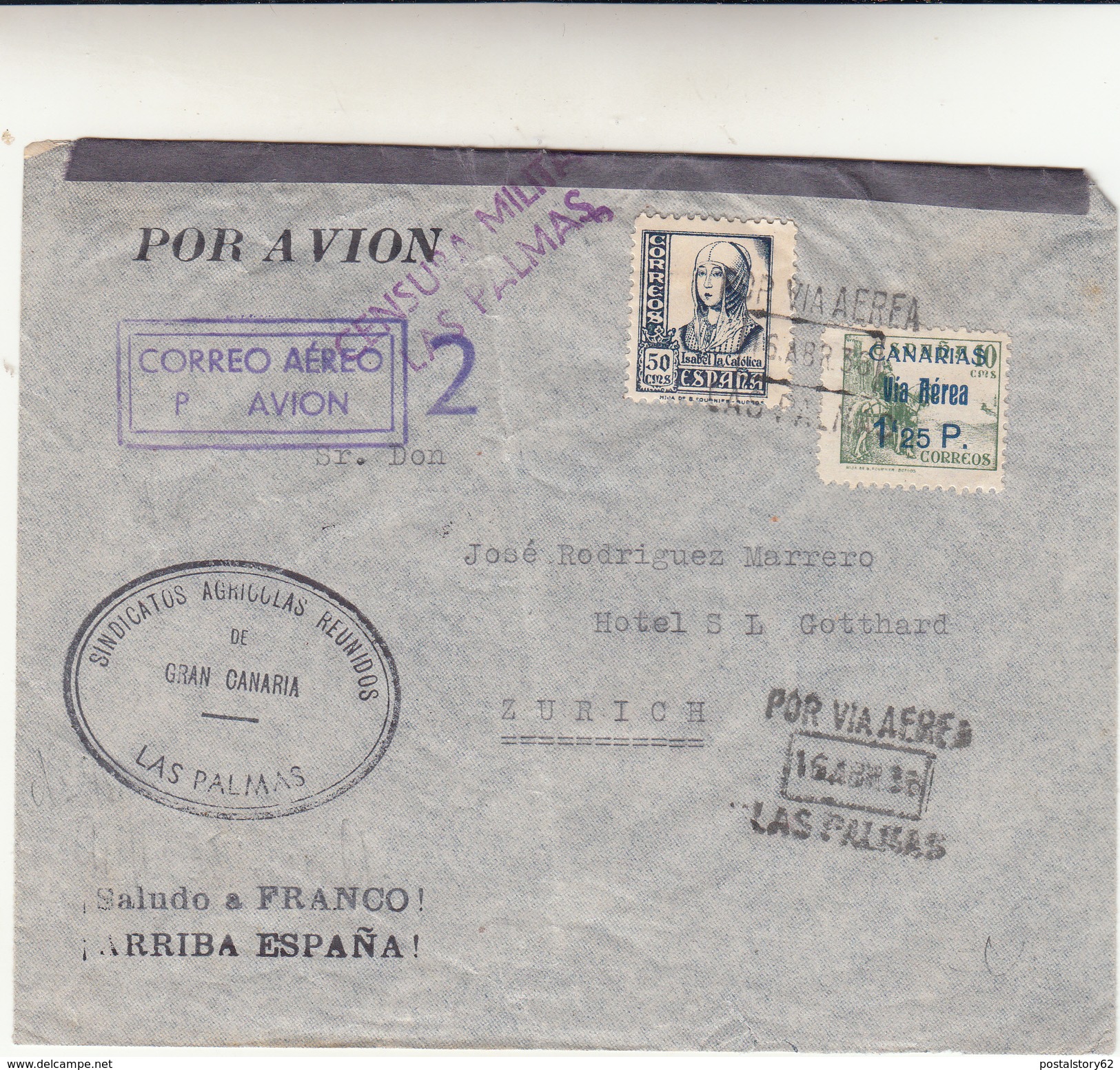 Las Palmas Gran Canaria, Guerra Di Spagna. Cover To Zurigo Par Avion Con Censura Las Palmas 1936 - Storia Postale