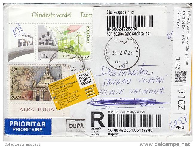 61066- THINK GREEN, ECOLOGY, ALBA IULIA CITADEL, FLOWERS, CLOCK, STAMPS ON REGISTERED COVER, 2017, ROMANIA - Storia Postale