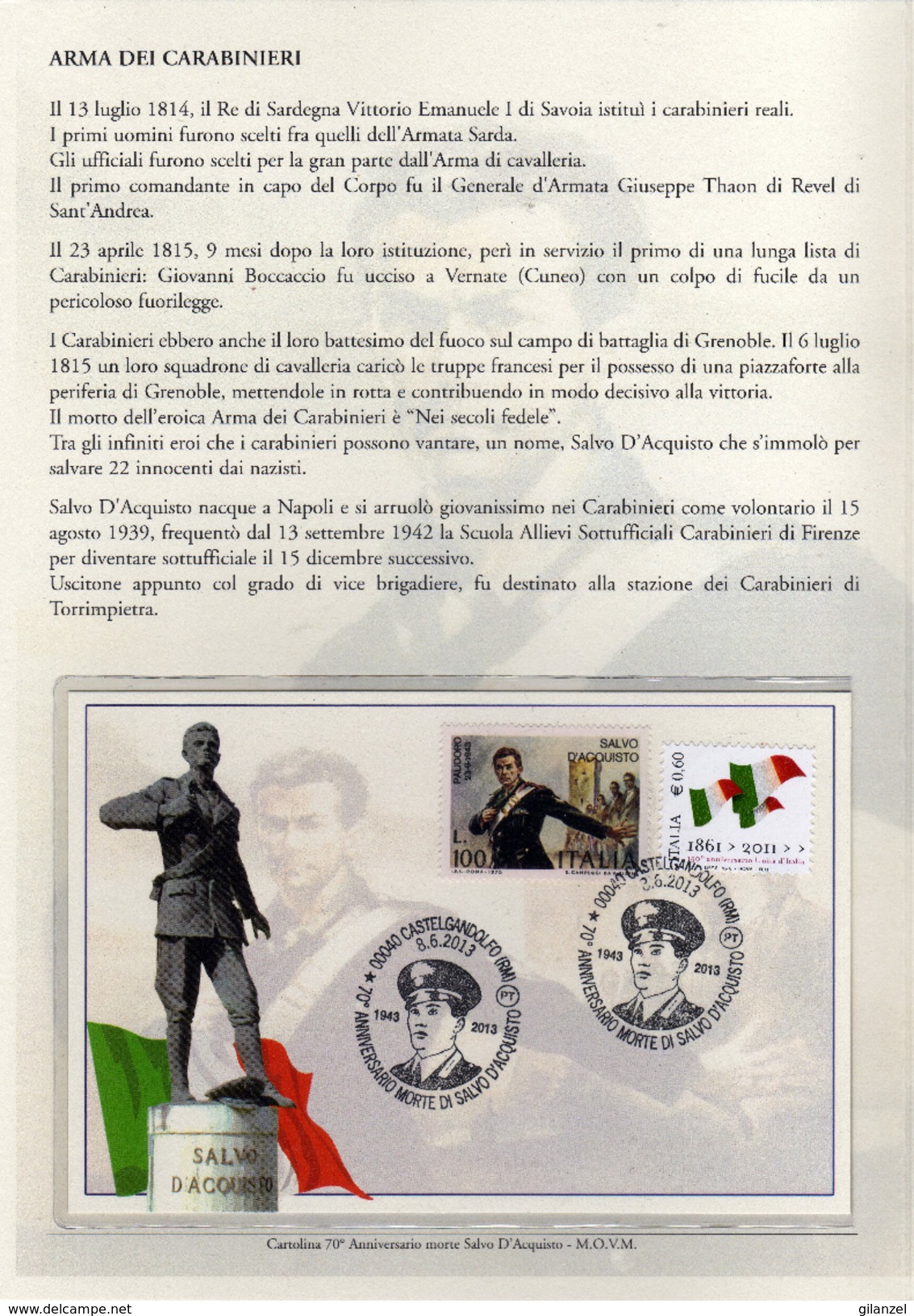 Italia 2013/2014 70° Morte Brigadiere Salvo D'Acquisto Arma Dei Carabinieri Folder Cartolina BF Annullo Castelgandolfo - Police - Gendarmerie