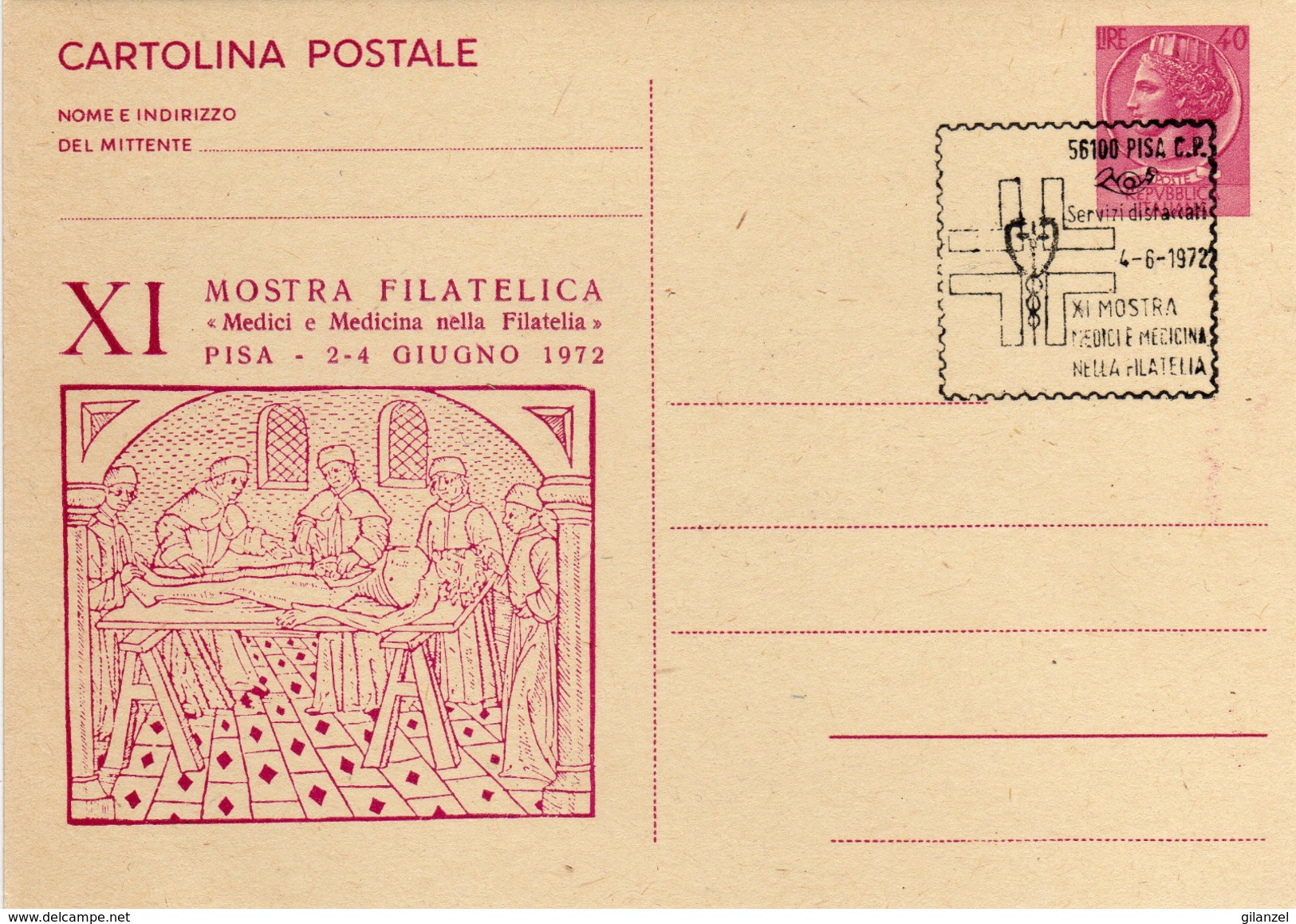 Italia 1972 Annullo Pisa Mostra Filatelica "Medici E Medicina Nella Filatelia" Su Cartolina Postale Repiquage - Interi Postali