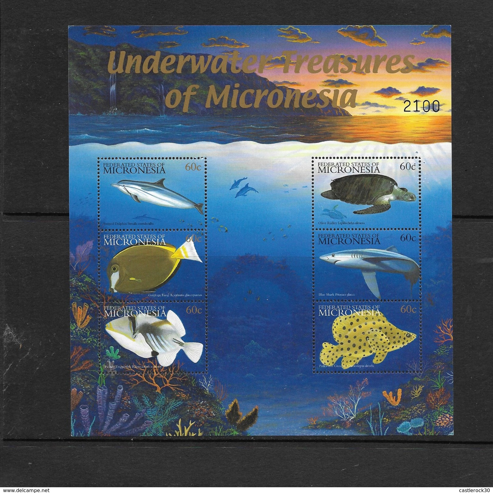 O) 2001 MICRONESIA, FISH- TURTLE OLIVE RIDLEY-GOLDRIM-TRIGGERFISH- BLUE SHARK-POLKA DOT, UNDEWATER TREASURE, MNH - Micronesia