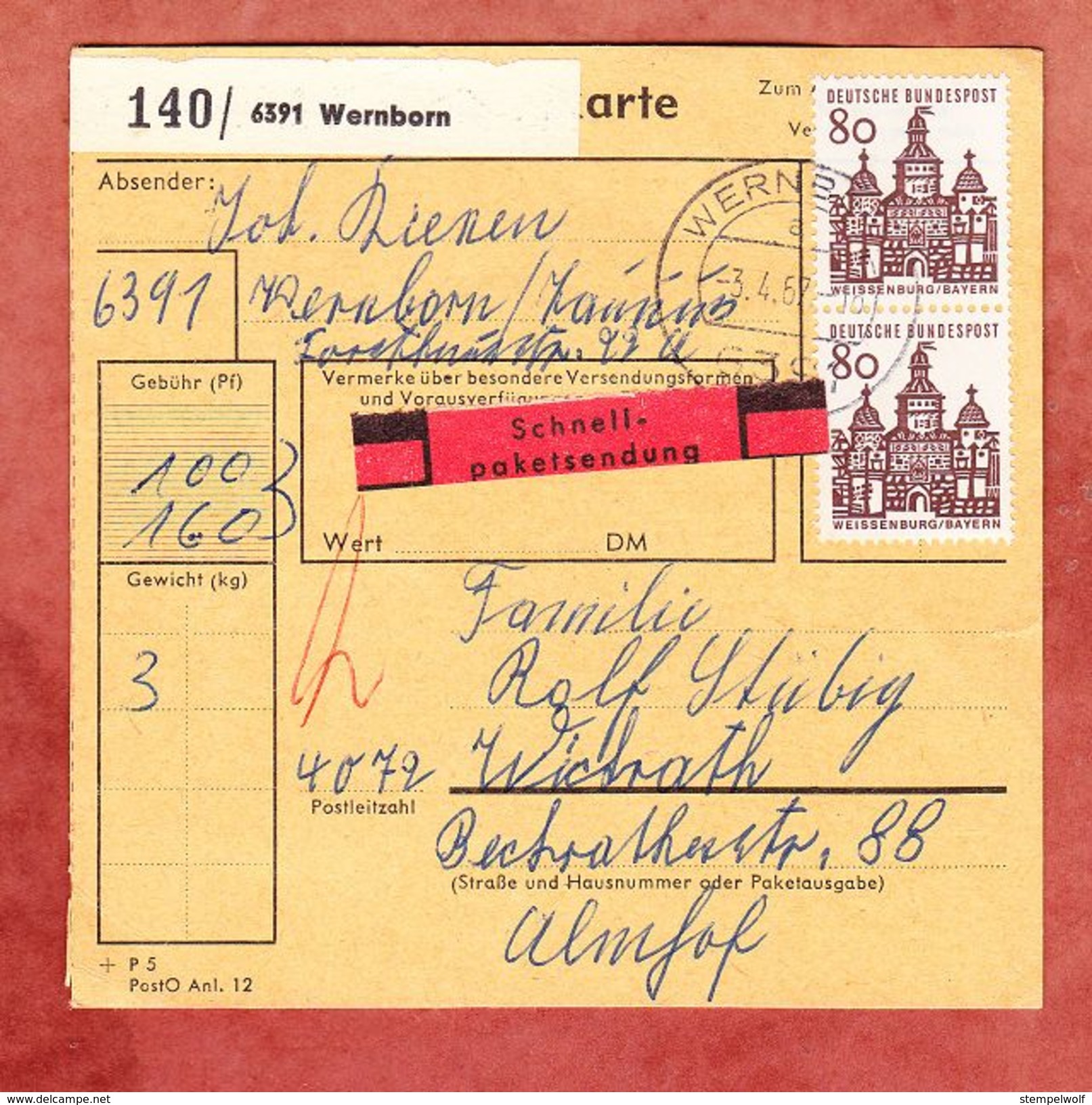 Paketkartenteil, Schnellpaket, MiF Bauten, Wernborn Nach Wickrath 1967 (38414) - Briefe U. Dokumente