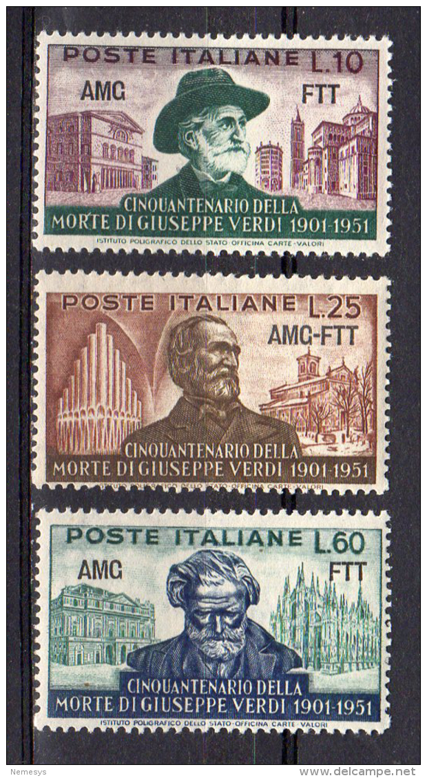 ITALY AMG FTT 1951 Giuseppe Verdi SASS. 135/137 Serie Completa Sass. S24 - NUOVO MNH** 2 SCAN - Nuovi