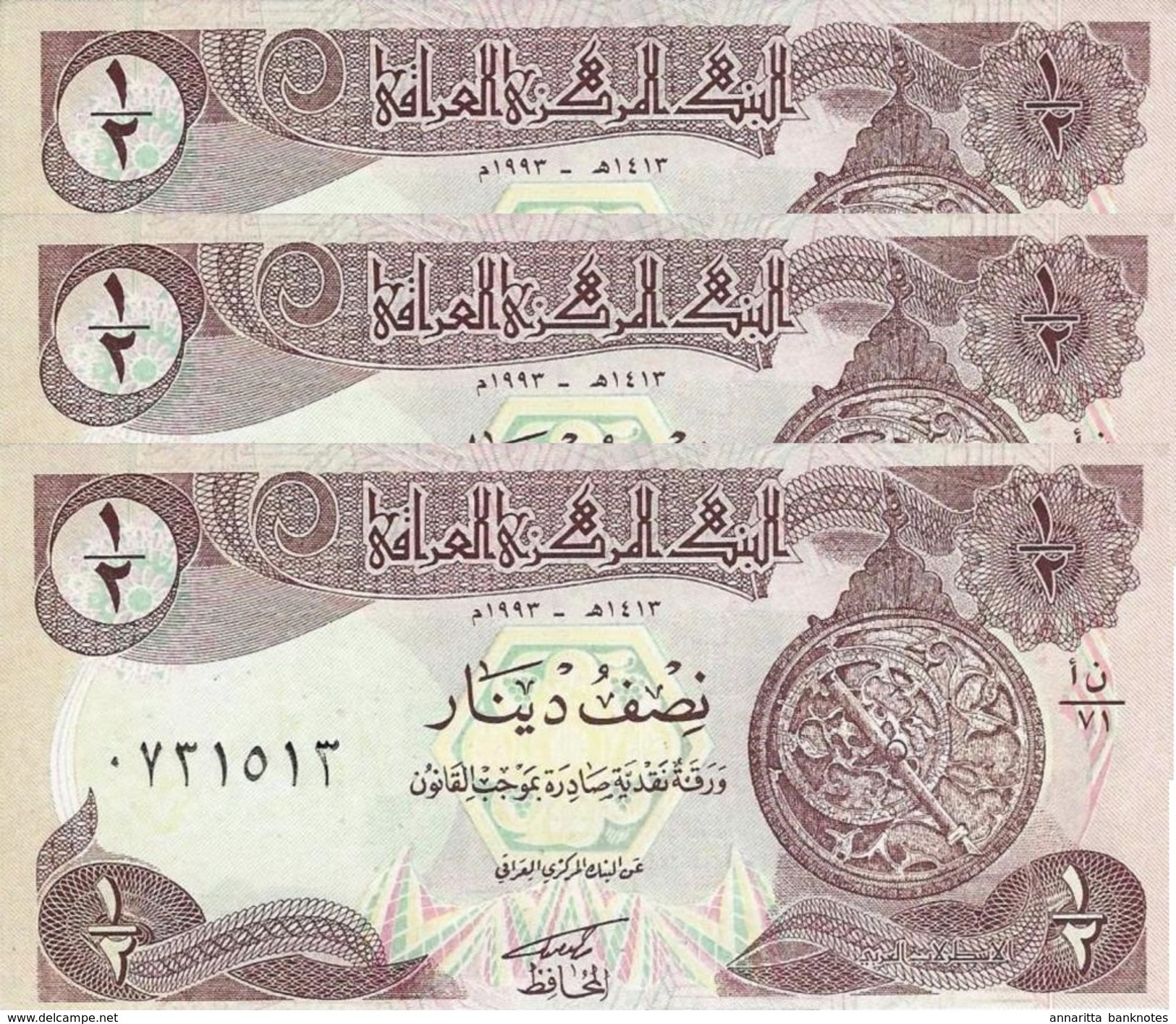 IRAK 1/2 DINAR 1993 P-78b NEUF LILAC ENREGISTREMENT 3 PCS [IQ335b] - Irak