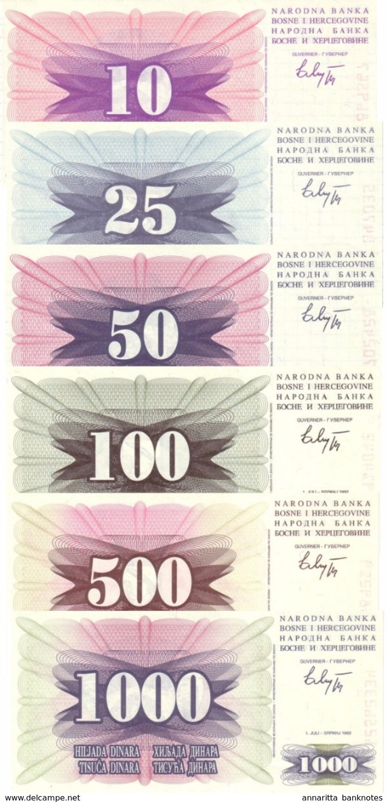 BOSNIA & HERZEGOVINA 10 25 50 100 500 1000 DINARA 1992 P-10 11 12 13 14 15 UNC SET  [BA010-BA015] - Bosnia And Herzegovina