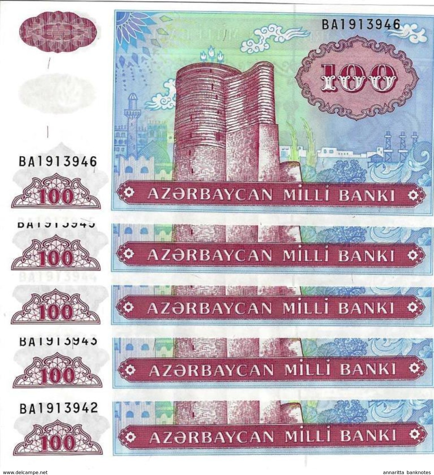 Azerbaijan (AMB) 100 Manat ND (1999) 5 Pcs  Cat No. P-18b / AZ308b - Azerbaïjan