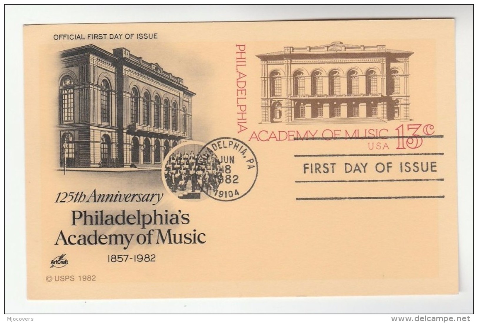1982 Philadelphia USA 13c POSTAL STATIONERY CARD FDC Illus PHILADELPHIA ACADEMY OF MUSIC Cover Stamps - Music
