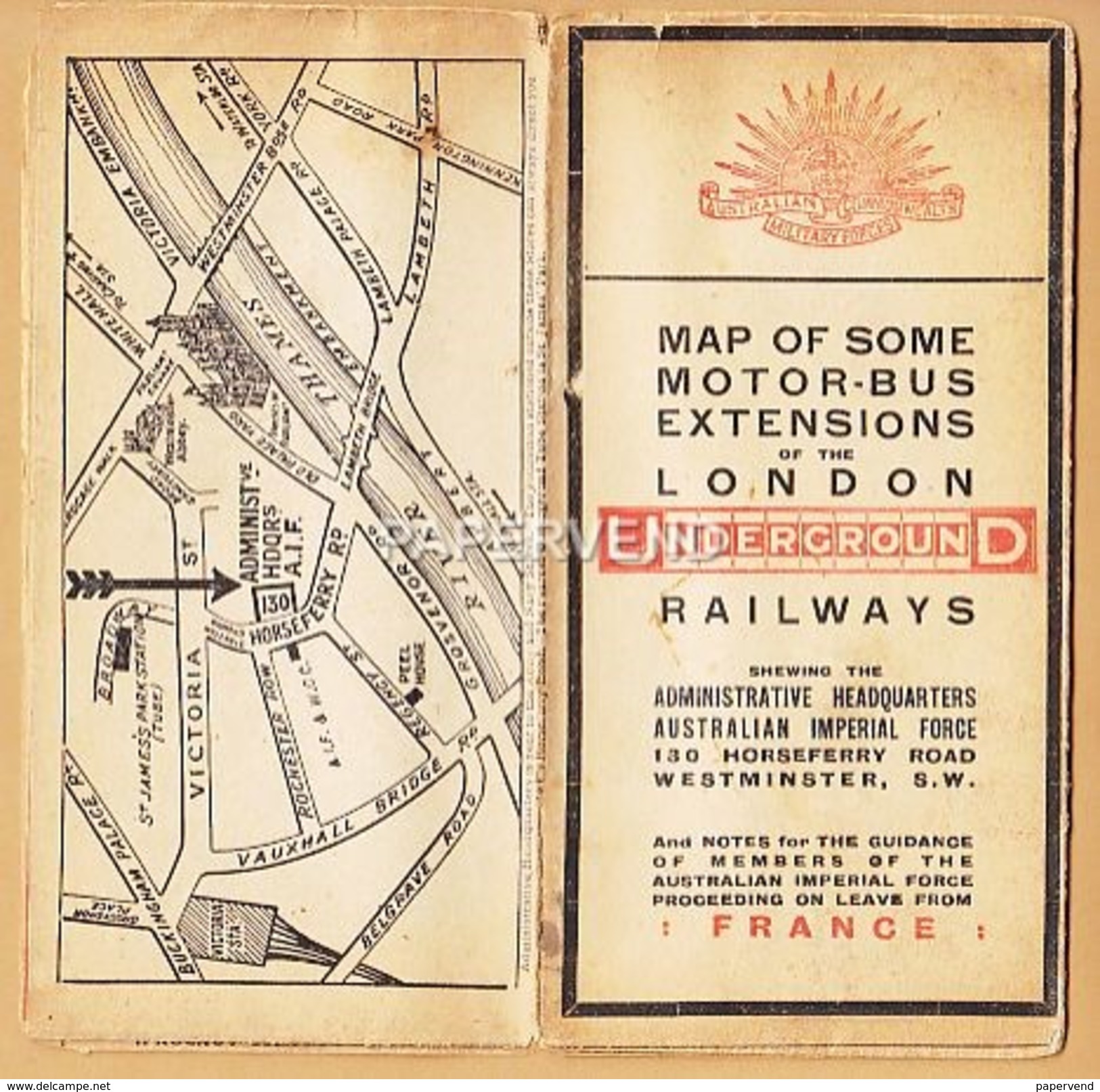 UNDERGROUND RAILWAY  Map For Australian Ww1 Troops On Leave  Label E72 - Other & Unclassified