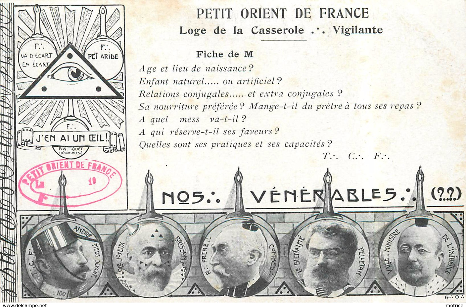 PETIT ORIENT DE FRANCE - Loge De La Casserole Vigilante (hommes Politique,Franc Maçonnerie). - Satiriques