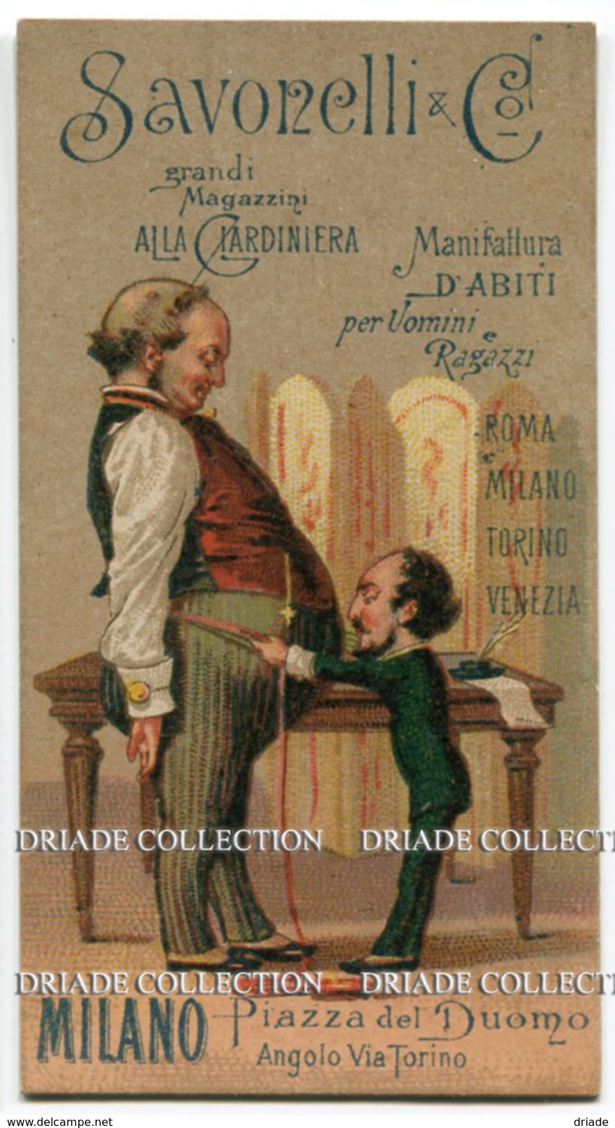 FIGURINA CHROMO SAVONELLI MANIFATTURA ABITI UOMINI E RAGAZZI ROMA MILANO TORINO VENEZIA ANNO 1886 - Autres & Non Classés