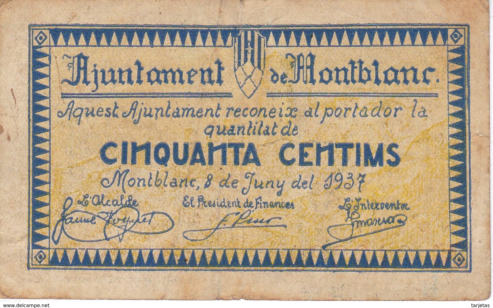 BILLETE DE 50 CENTIMOS DEL AJUNTAMENT DE MONTBLANC DEL AÑO 1937    (BANKNOTE) - Sonstige & Ohne Zuordnung