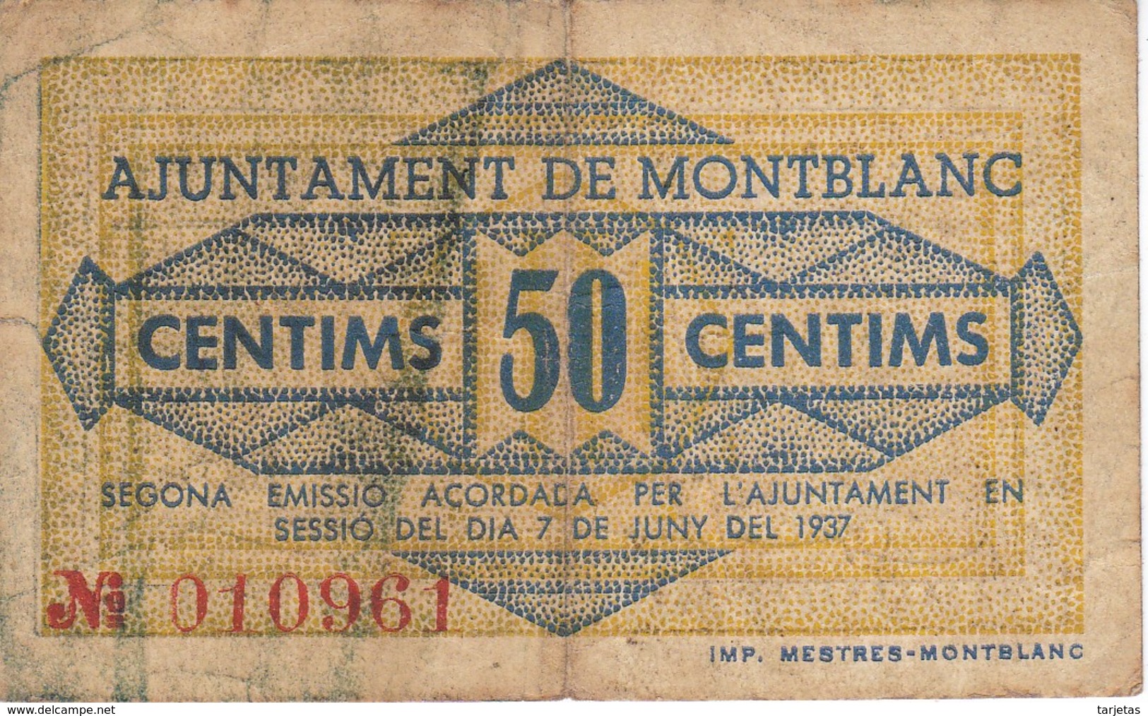 BILLETE DE 50 CENTIMOS DEL AJUNTAMENT DE MONTBLANC DEL AÑO 1937    (BANKNOTE) - Otros & Sin Clasificación