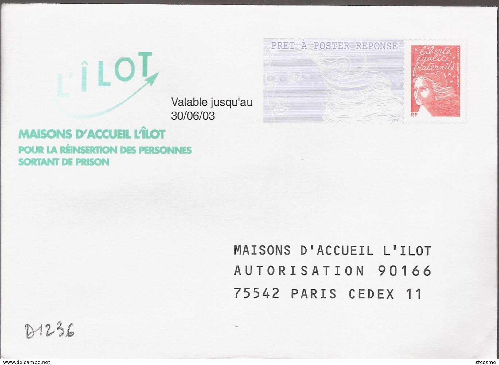D1236 Entier / Stationery / PSE - PAP Réponse Luquet : Maison D'accueil L'îlot - N° D'agrément 0202057 - Listos Para Enviar: Respuesta /Luquet