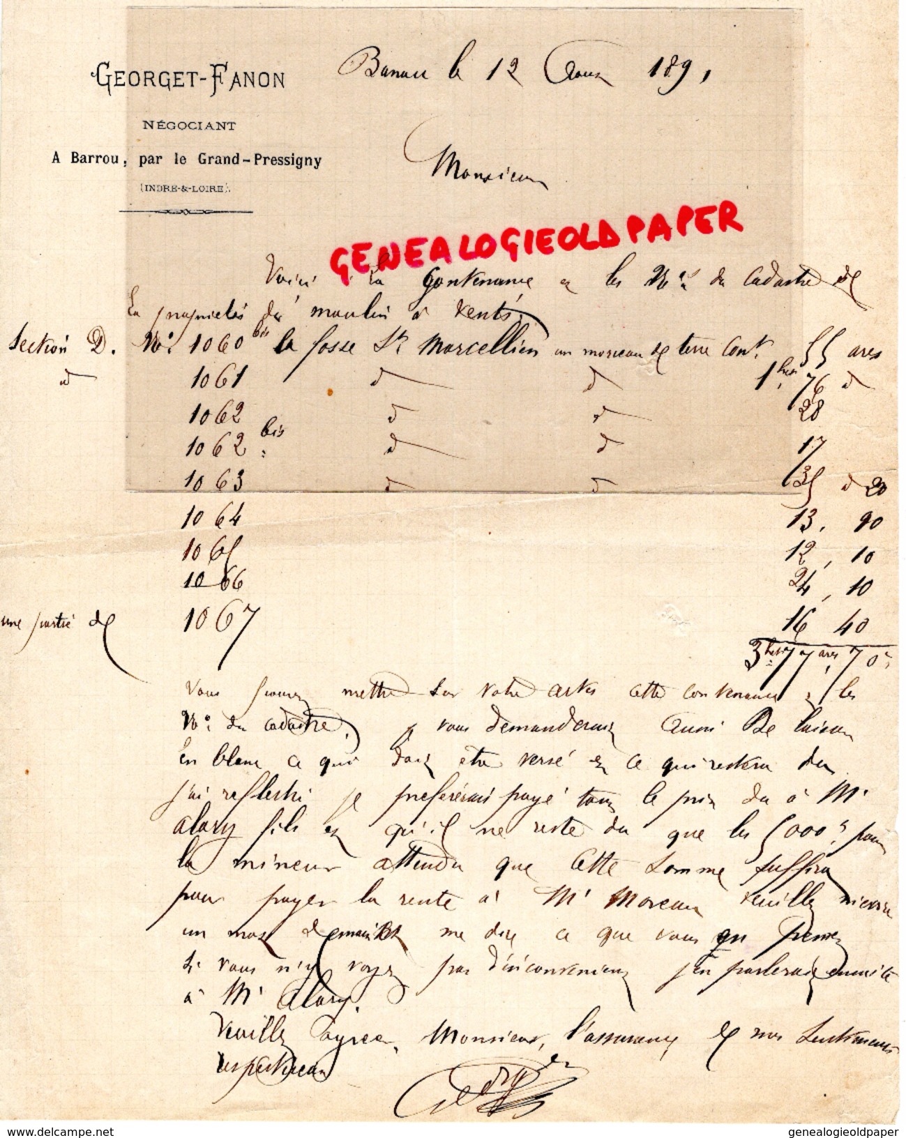 37- BARROU PAR LE GRAND PRESSIGNY- LETTRE MANUSCRITE SIGNEE GEORGET FANON- NEGOCIANT - 1891 - Petits Métiers