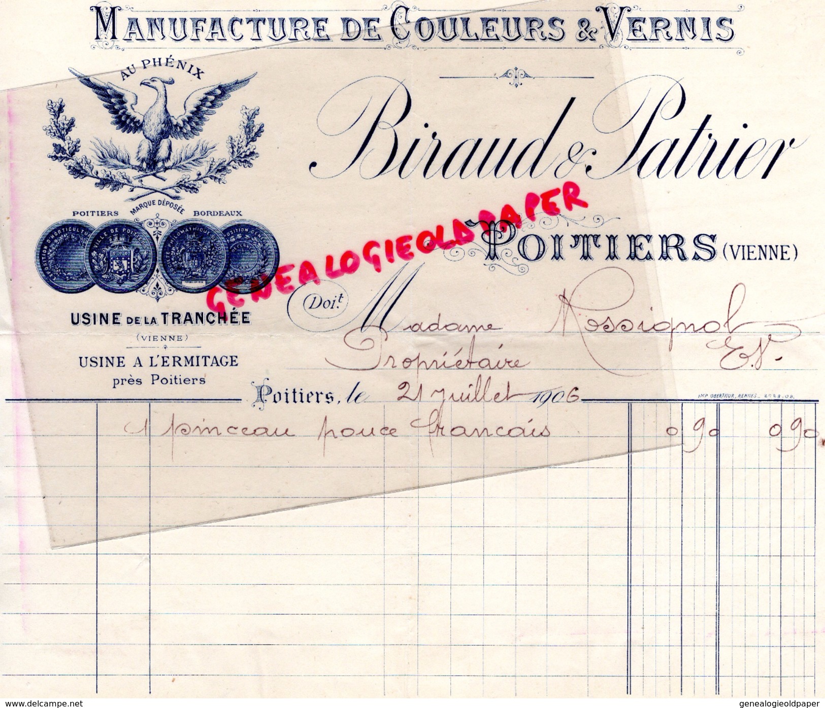 86- POITIERS- FACTURE BIRAUD & PATRIER- MANUFACTURE COULEURS VERNIS- USINE DE LA TRANCHEE- A L' ERMITAGE- 1906 - Old Professions