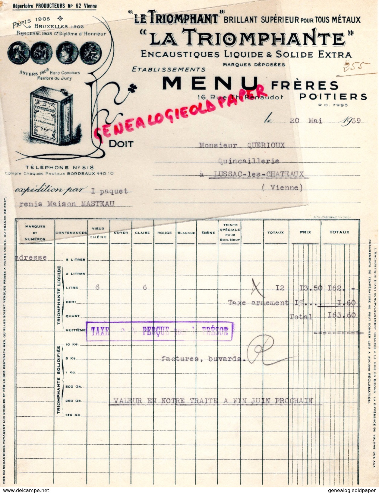 86- POITIERS- FACTURE MENU FRERES- LE TRIOMPHANT BRILLANT METAUX-ENCAUSTIQUE- 16 RUE TH- RENAUDOT- 1939 - Petits Métiers