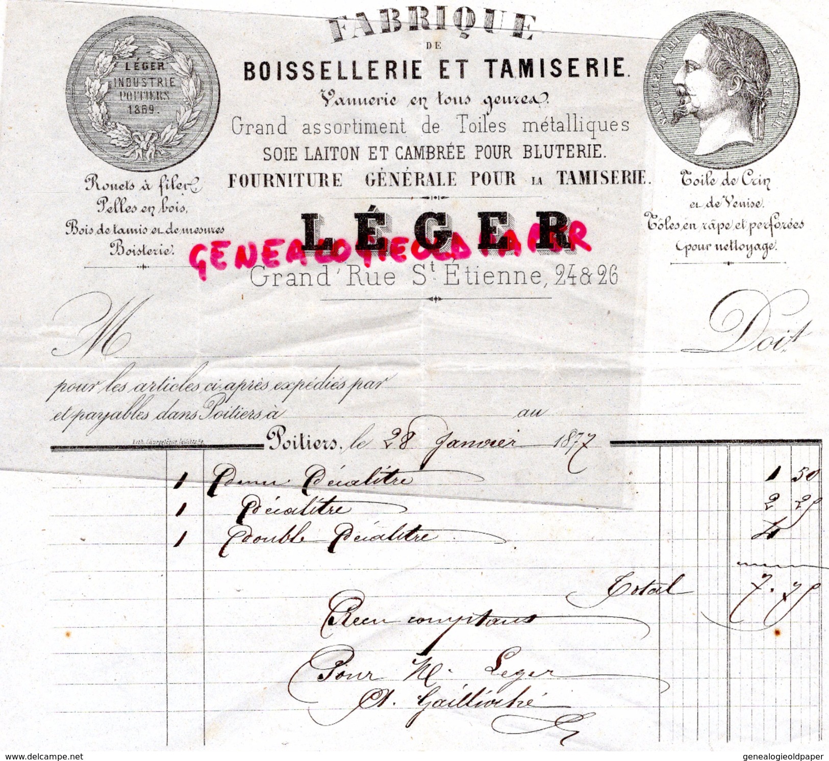 86- POITIERS- FACTURE LEGER- FABRIQUE BOISSELLERIE TAMISERIE- VANNERIE-GRAND ' RUE ST ETIENNE- 1877 - Old Professions