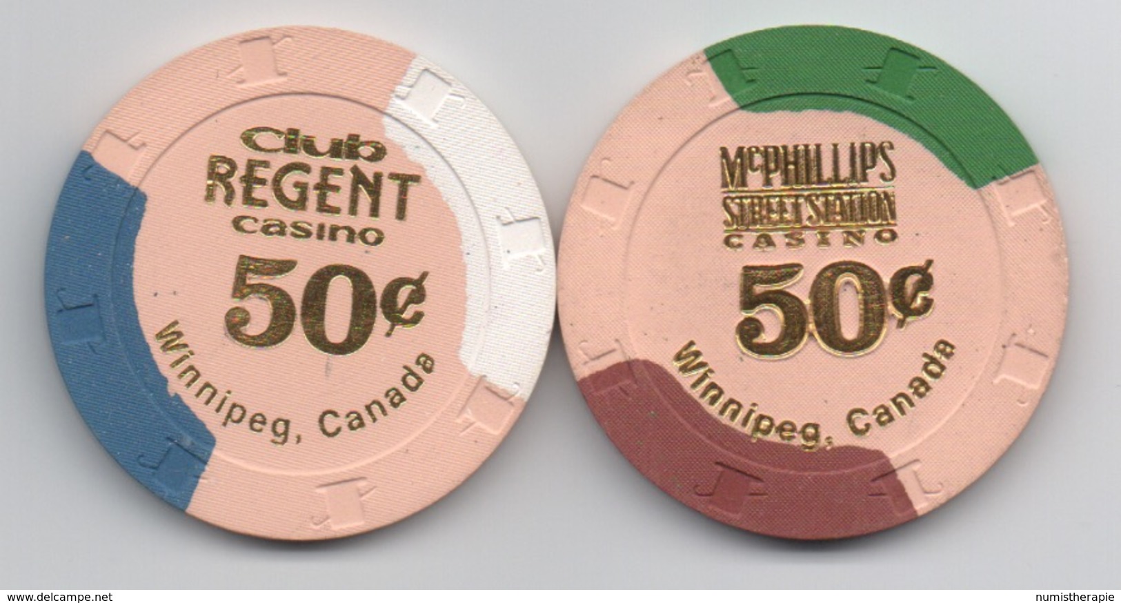 Lot De 2 Jetons De Casinos Winnipeg Canada : Club Regent Casino 50¢ & McPhillips Street Station Casino 50¢ - Casino