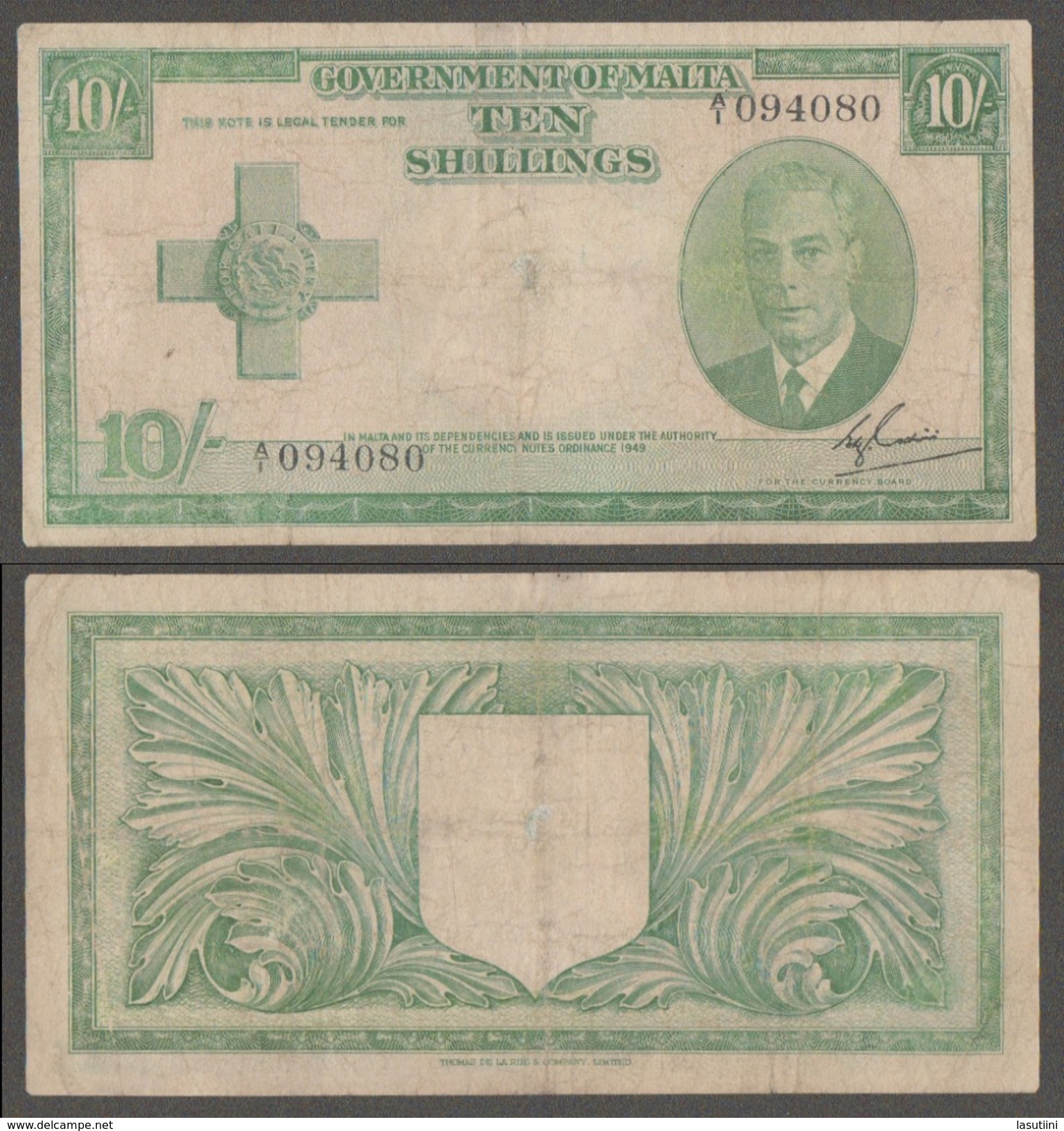 Malta 10 Shillings 1949 P21 VG-F - Malta