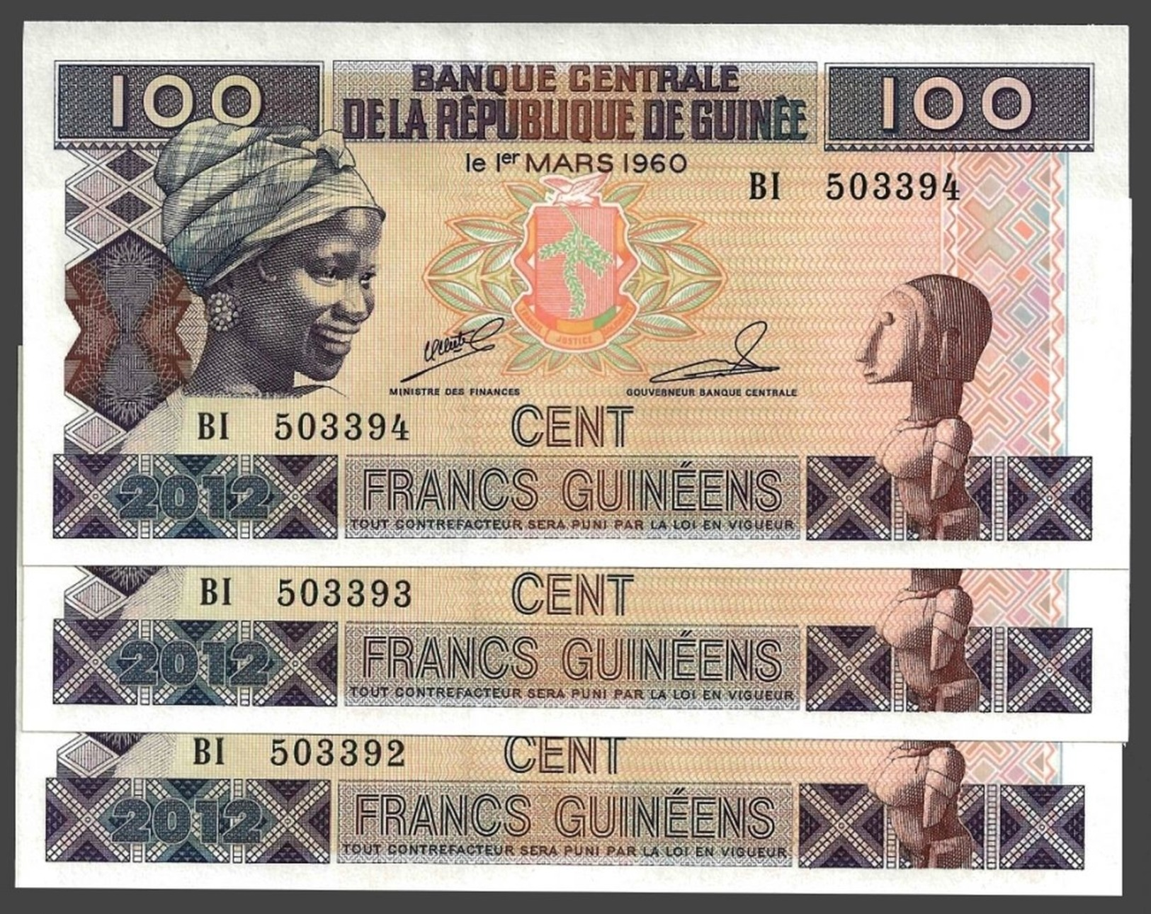 Guinea 100 FRANCS 2012 P 35 UNC LOT X 3 PCS - Guinea