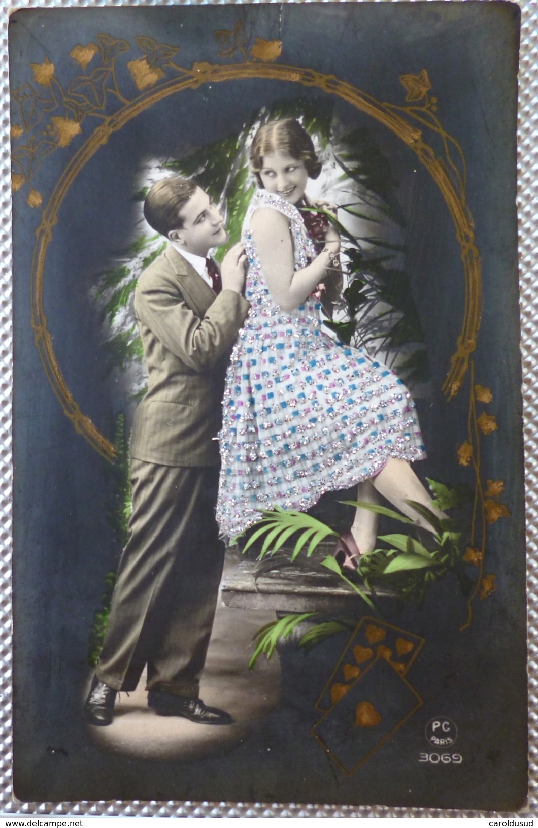 Photo Fond Noir Decor Art Nouveau DORURE  COUPLE HOMME FEMME AMOUREUX CATHERINE VALENTIN  Robe Paillettes - Saint-Valentin