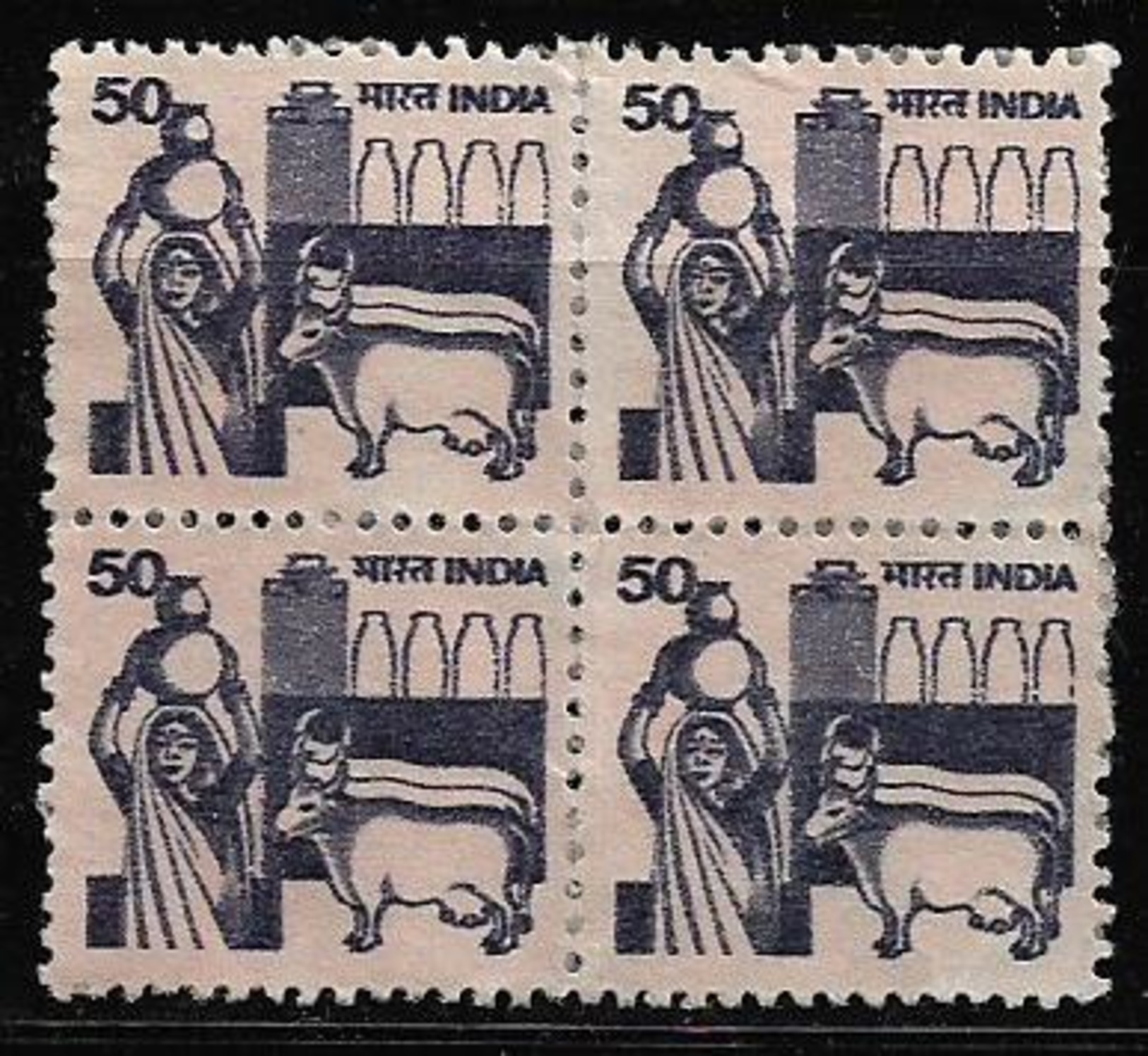 India Block Of 4 Definitive 6th Series Dairy Cow Women With Milk Pot 50p Used Stamps # AR:41 - Other & Unclassified