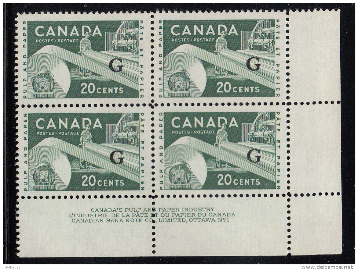 Canada MNH Scott #O45 'G' Overprint On 20c Paper Industry Plate #1 Lower Right Corner - Aufdrucksausgaben