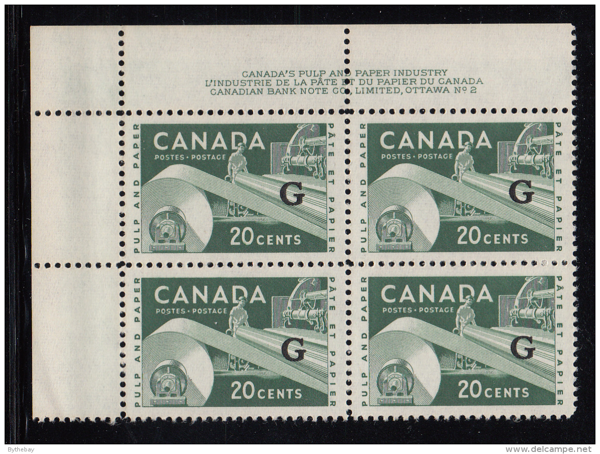 Canada MNH Scott #O45 'G' Overprint On 20c Paper Industry Plate #2 Upper Left Corner - Aufdrucksausgaben