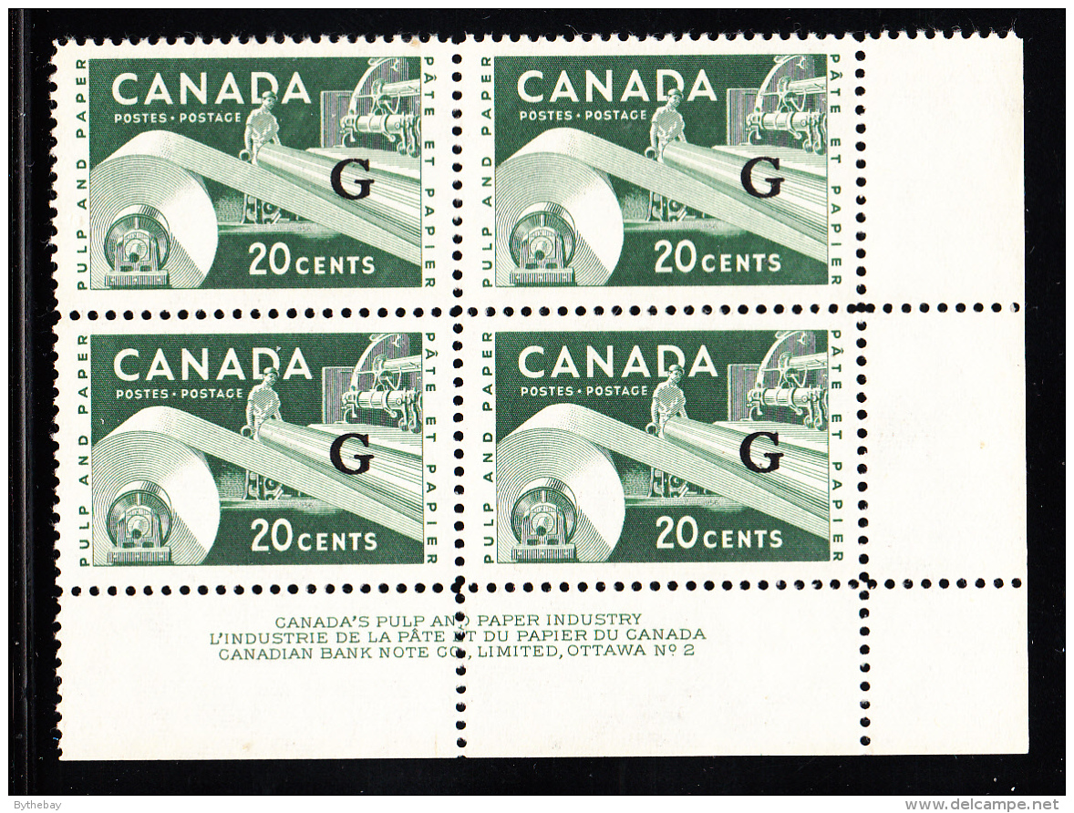 Canada MNH Scott #O45 'G' Overprint On 20c Paper Industry Plate #2 Lower Right Corner - Surchargés