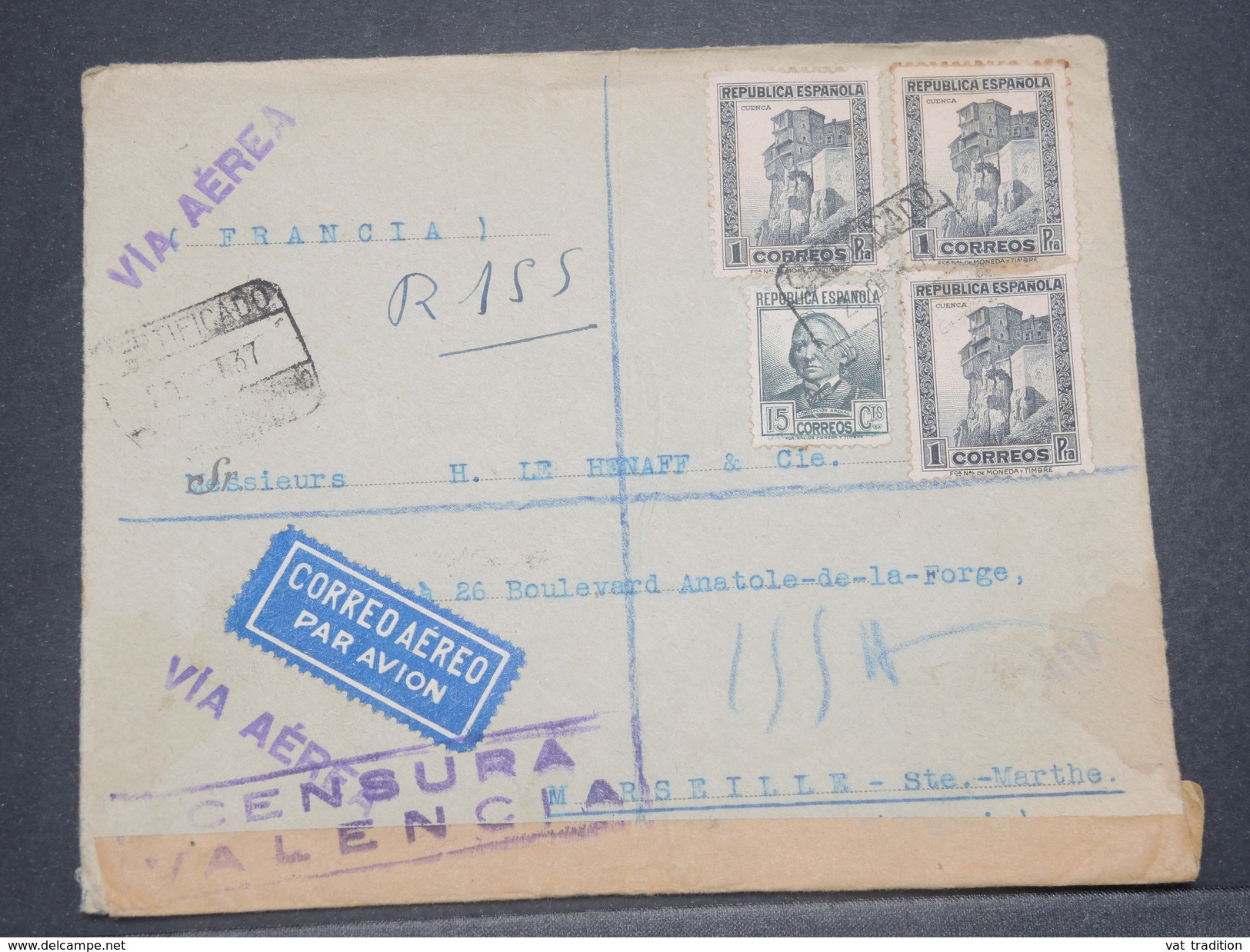 ESPAGNE - Enveloppe En Recommandé De Valencia + Censure Pour La France En 1937 - L 8249 - Nationalists Censor Marks