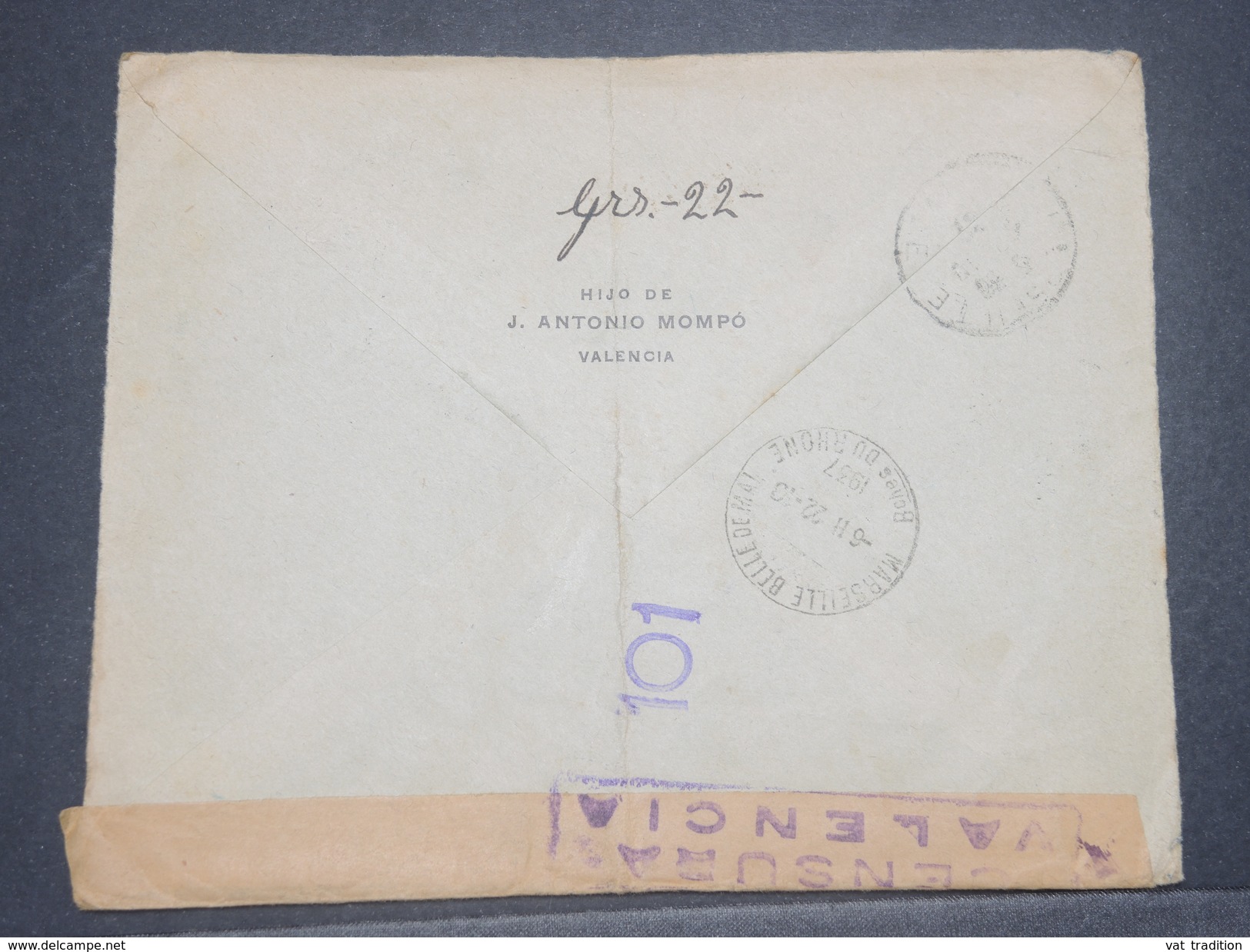 ESPAGNE - Enveloppe En Recommandé De Valencia + Censure Pour La France En 1937 - L 8249 - Nationalists Censor Marks