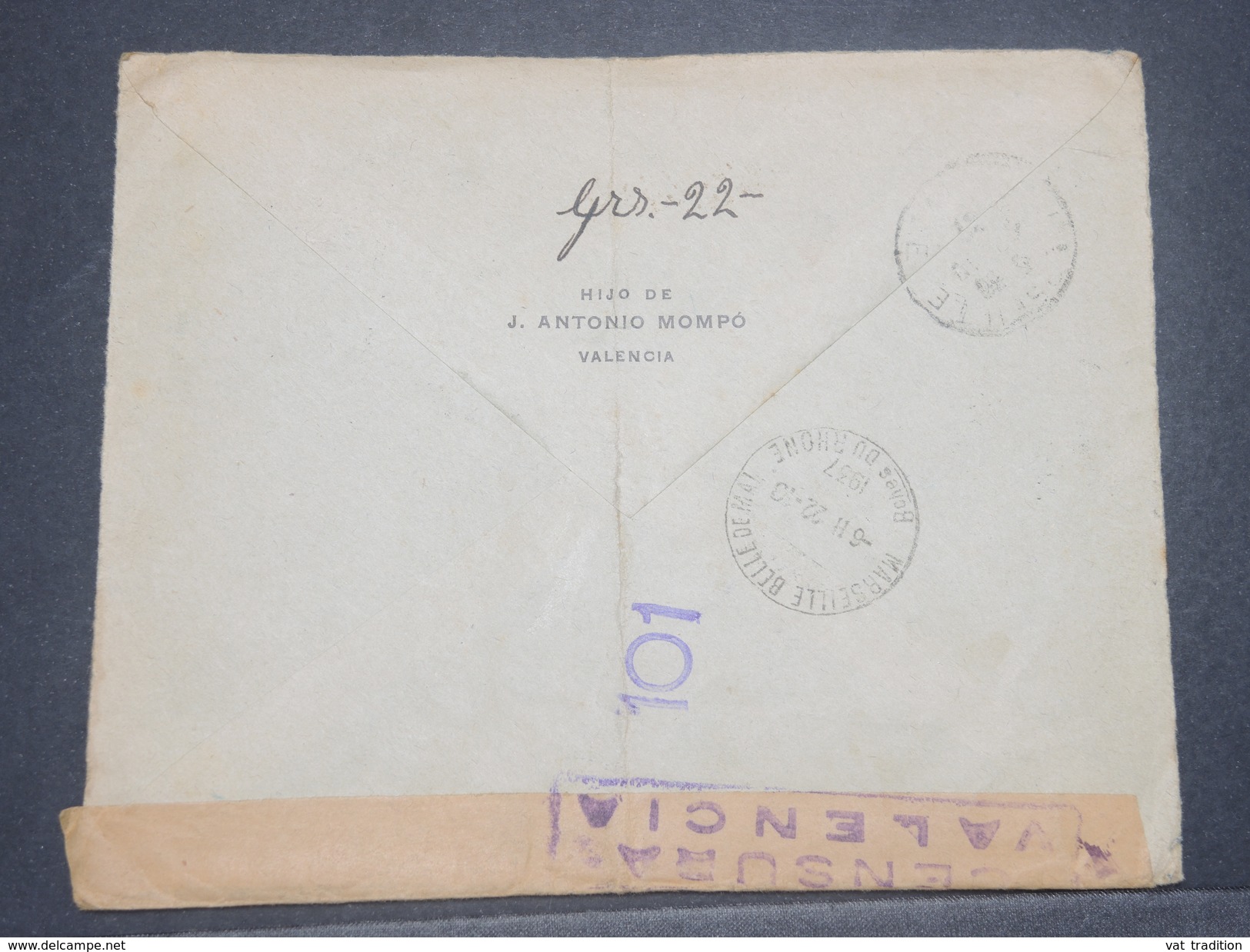 ESPAGNE - Enveloppe En Recommandé De Valencia + Censure Pour La France En 1937 - L 8249 - Marcas De Censura Nacional