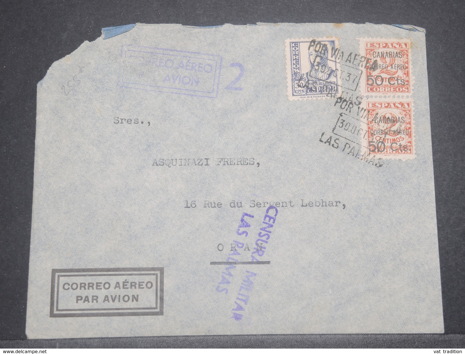 ESPAGNE - Enveloppe De Las Palmas + Censure Pour L 'Algérie En 1937 Par Avion - L 8250 - Nationalistische Censuur