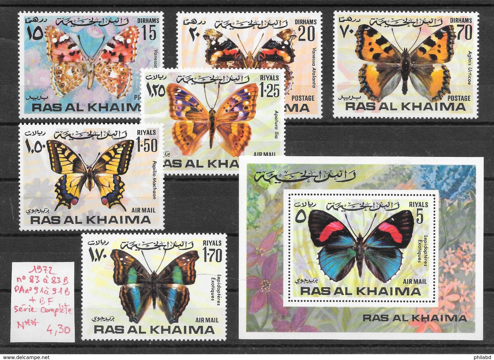 Insecte - Ras Al Khaima N°83 à 83B, PA N°91 à 91B, BF N°xx Papillon 1972 ** - Papillons