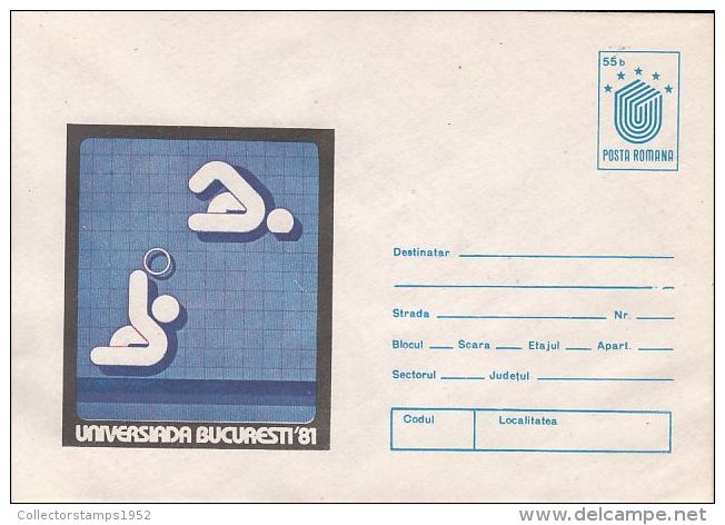 61185- WORLD UNIVERSITY GAMES, WATER POLO, COVER STATIONERY, 1981, ROMANIA - Water-Polo