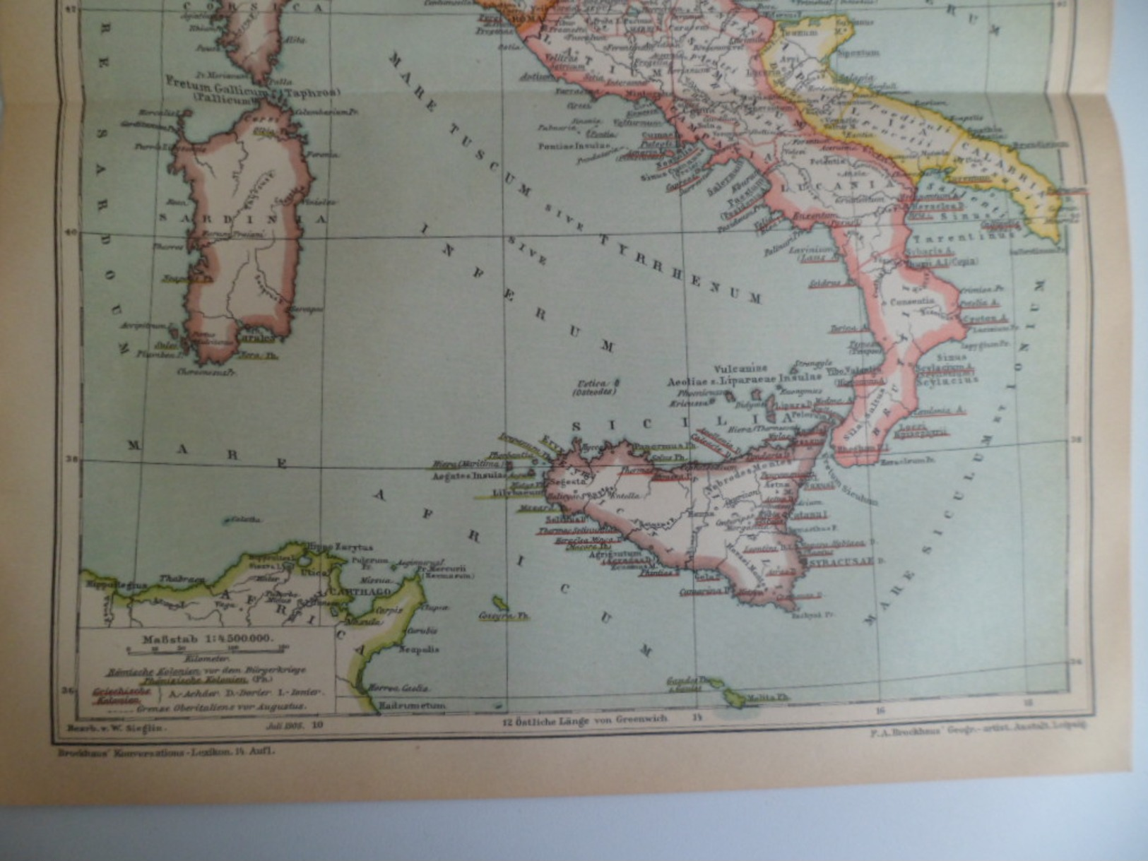 Lithographie Gravure Carte Plan 1905 Brockhaus Italie Ancien Temps Latium - Sicile Corse Sardaine - Cartes Géographiques